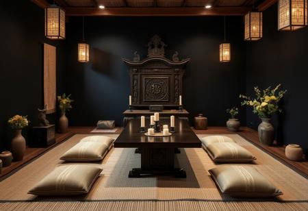 "A serene ritual room designed in the Modern Wabi Sabi + Tropical style, dedicated to ancestor worship. The walls are painted austere black, providing a calming backdrop that enhances the room's spiritual essence. At the center, a handcrafted deep brown altar with intricate carvings serves as the focal point for offerings and ancestral tablets.
Behind the altar, a traditional dark wood dining table seats 8-12, facilitating family gatherings during ceremonies. The table's elegant design complements the room's natural textures and provides a central area for ritual activities.
Natural elements abound, with warm wood textures throughout the space, including low wooden benches and soft beige floor cushions that encourage communal participation. Handwoven textiles in muted earth tones add depth and warmth to the seating arrangements.
Delicate incense burners and white candles on the altar emit a soft glow, inviting contemplation and connection with ancestors. Fresh flowers in earthy hues and vibrant greens are arranged in simple ceramic vases, embodying Wabi Sabi’s appreciation for natural beauty.
A subtle woven rug enhances the room’s texture, while ambient lighting from lanterns casts gentle shadows, creating a tranquil atmosphere. The room seamlessly blends Wabi Sabi’s embrace of natural imperfection with tropical vibrancy, making it a sacred and inviting space for honoring family traditions."