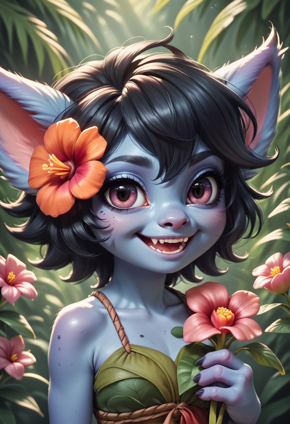 score_9, score_8_up, score_7_up, score_6_up, score_5_up, score_4_up, high quality portrait of a black hair yordle with blu...