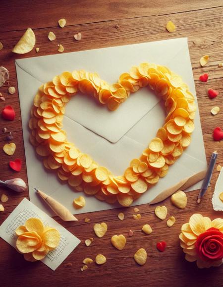 valentines, love letter, made out of potato chips, cozy, warm, hearts, p1nkch1ps, <lora:PinkiePttChpsSDXL:1>
