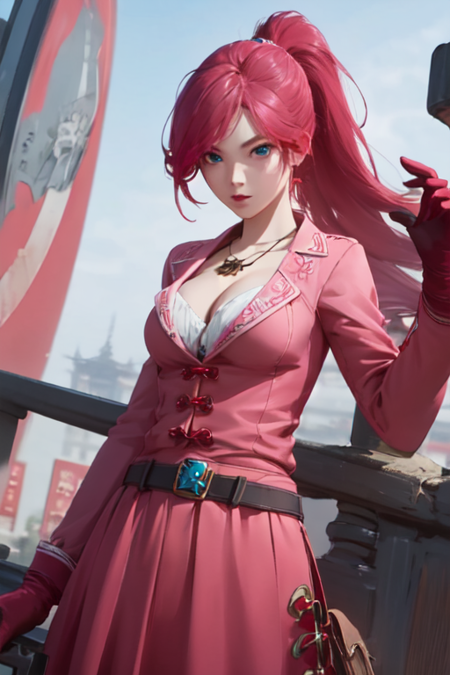 WuFengDonghua, 1girl, solo, blue eyes, skirt, pink dress, cleavage, medium breasts, ponytail, pink hair, red hair, belt, necklace, gloves, long sleeves, buttons, 