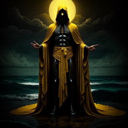 Horror-themed,  <lora:carcosa city style SD1.5:1.2>
In an ancient and mysterious city a painting of a man in a yellow robe standing in the ocean carcosa city style, Eerie, unsettling, dark, spooky, suspenseful, grim, highly detailed