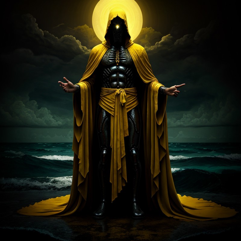 Horror-themed,  <lora:carcosa city style SD1.5:1.2>
In an ancient and mysterious city a painting of a man in a yellow robe...