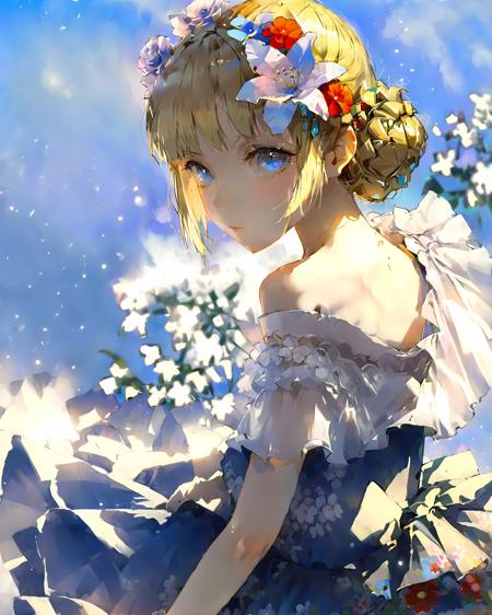 best quality,masterpiece,1girl, solo, upper body, looking at viewer, blue eyes, hair ornament, braid, hair bun, hairclip, blunt bangs, short hair, blonde hair, bare shoulders, off shoulder, white shirt, collarbone, dress, skirt, frills, flower, sky, backlighting