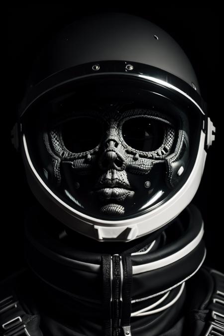 1girl reflections on helmet spacesuit Emphasize eerie atmosphere, high contrast, and interplay of shadow and light. Include colorful, gothic horror photo , zwuul  <lora:ral-zwuul-sd15:1>