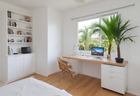Bedroom, beach house, outside sea, palmtree outside window, blow fan, summertime, iMac, desk, keyboard and mouse, modern shelves, white cupboard, timber floor, TV, cup of coffee, sandals, lamp,  detailxl