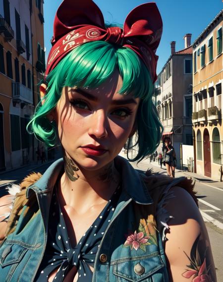 dani, plump, hair bun,  hair bandana,denim vest, green hair,  tattoo,  
 face focus, cleavage, 
solo, morning, outdoors, venice beach, 
(insanely detailed, beautiful detailed face, masterpiece, best quality) cinematic lighting, <lora:dani-10v6:0.7>