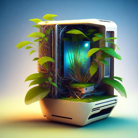 (ecocomputer style:1) a computer with a plant growing out of it <lora:djzEcoComputerV21_LoraBooth:1>