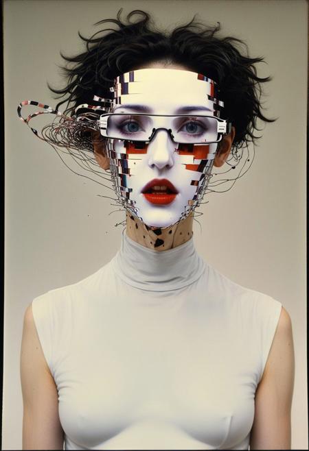 She wears recursive masks, her face exploding in filaments of static like a plant flowering with enigmatic spectacles, each moment of her life now in her death revealed at this central focus, connected by the thread of her stretched thin soul. A surreal glitchcore masterwork of Egon Schiele, sold at auction for 32 million USD.