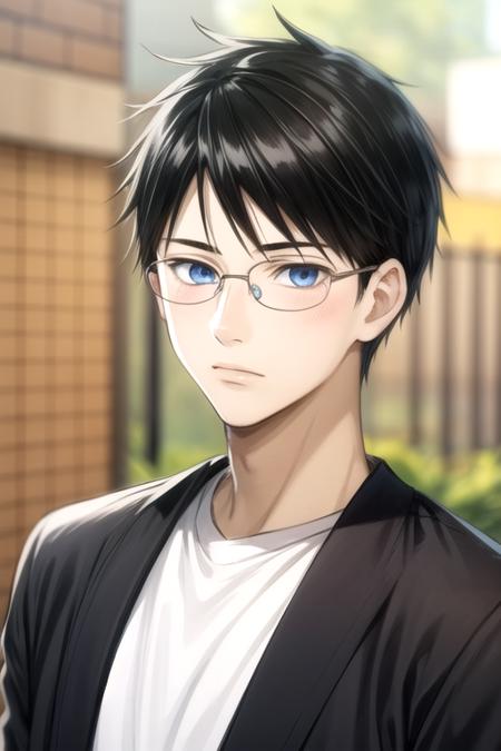 masterpiece, best quality, sketch, 1boy, solo, male focus, looking at viewer, upper body, , <lora:arata_wataya:0.72>, arata_wataya, black hair, blue eyes, glasses, decade costume, ,