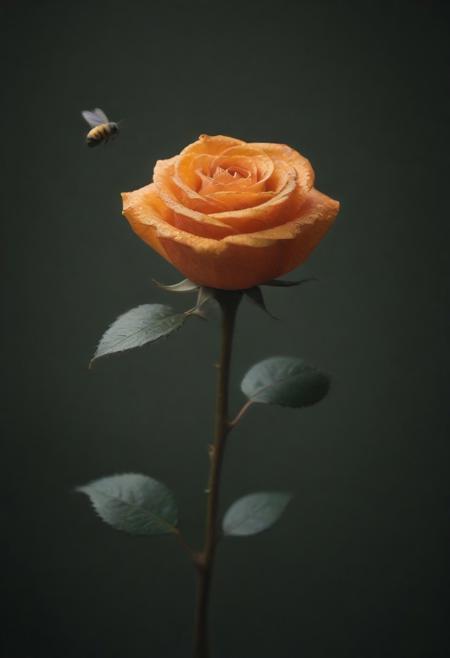 lazypos, cf_style, best artist, best shadows, best lighting, best textures, masterpiece, Rose made of orange peel, stem, thorns, glistening, dewdrops, bokeh, bees flying,