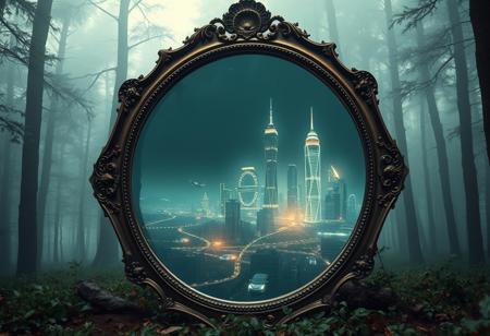 A freestanding, antique mirror sits in a dense, foggy forest, (but instead of reflecting the forest, it shows an entirely different world:1.4). Inside the mirror, a futuristic cityscape with flying vehicles and glowing skyscrapers pulses with life.Hyperrealistic glass textures, intricate alternate realities, and dramatic atmospheric effects.