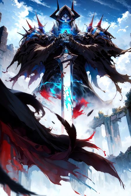 ha sang,king hassan \(fate\),1boy,male focus,solo,weapon,sword,cloak,feathers,sky,cloud,cloudy sky,blood,from below,burning,looking at viewer,black cloak,spikes,holding weapon,hands on hilt,holding,<lora:ha sang_çåæ¡:0.8>,, (masterpiece), (best quality), HDR, intricate detail,