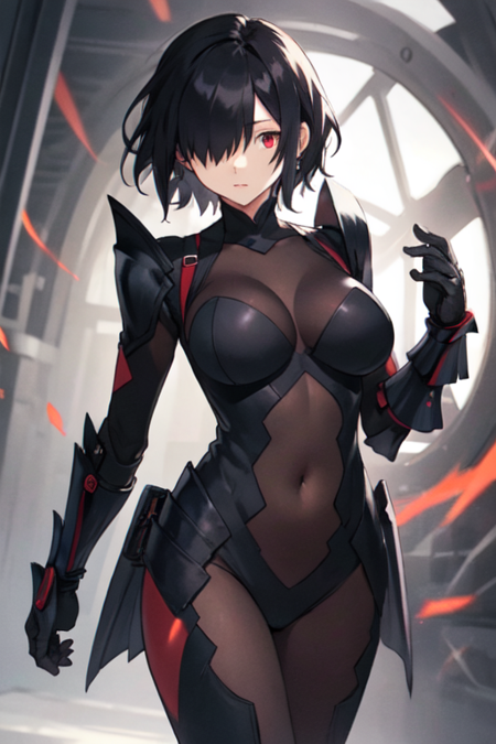 Tachie, 1girl, solo short hair, large breasts, black hair, red eyes, armor, hair over one eye, bodysuit, covered navel, gauntlets, skin tight, bodystocking, 