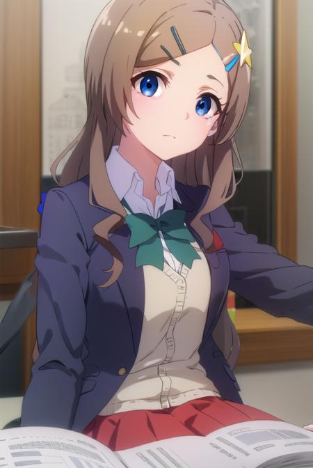 airiseto, <lora:airi seto s2-lora-nochekaiser:1>,
airi seto, long hair, blue eyes, brown hair, hair ornament, very long hair, hairclip, star \(symbol\), star hair ornament,
BREAK skirt, bow, school uniform, jacket, cardigan, blue skirt, (red jacket:1.2),
BREAK indoors, classroom,
BREAK looking at viewer, ()
BREAK <lyco:GoodHands-beta2:1>, (masterpiece:1.2), best quality, high resolution, unity 8k wallpaper, (illustration:0.8), (beautiful detailed eyes:1.6), extremely detailed face, perfect lighting, extremely detailed CG, (perfect hands, perfect anatomy),