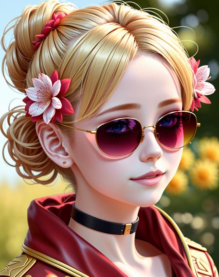 4K, Masterpiece, highres, absurdres,natural volumetric lighting and best shadows, deep depth of field, sharp focus, soft delicate beautiful attractive face,blonde Nadia,((sunglasses)), choker, leather jacket , smiling, 
1girl, solo, hair ornament, upper body, flower, hair flower,  hair bun, puffy lips, with a edgJapan haircut,
 <lora:Nadia:0.35> <lora:edgJapan:0.78>