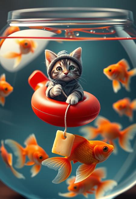 "Create a whimsical and realistic digital artwork featuring a miniature scene of an adorable cat dressed in fisherman clothing, sitting on a fish-shaped inner tube floating on the surface of the water in a large fishbowl. The cat should be tiny in comparison to the fishbowl, with a sense of vulnerability and determination. The cat should be holding a piece of string. A piece of cheese is tied to the end of the string as bait, the cheese is under the water. The string should be rendered in intricate detail, with visible texture and subtle shading that captures the delicate fibers and threads. The cheese should be depicted as a tantalizing treat, with a subtle sheen and texture that captures its creamy surface. The goldfish should be swimming around the bowl, with intricate details that capture their scales, fins, and movements. The fish-shaped inner tube should be rendered in bright, vibrant colors, with a smooth, rubbery texture that captures its inflatable surface. The overall effect should be one of enchanting realism, as if the viewer could reach out and touch the fishbowl and feel the excitement of the cat's fishing adventure." Highest-Quality, 4k, intricate details, visually stunning, Masterpiece
