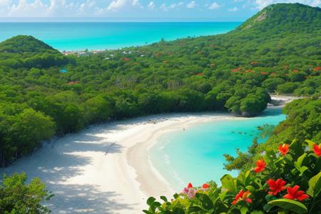 An epic tropical beach with turquoise water and a forest full of flowers.