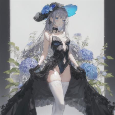 <lora:style_Ashima:1>1girl, bangs, bare_shoulders, black_gloves, black_headwear, black_leotard, blue_bow, blue_butterfly, blue_eyes, blue_flower, blue_ribbon, blue_rose, bouquet, breasts, choker, covered_navel, cowboy_shot, elbow_gloves, eyebrows_visible_through_hair, floral_background, flower, gloves, gradient, gradient_background, grey_background, hat, hat_flower, highleg, holding, holding_flower, hydrangea, leotard, lifted_by_self, lily_\(flower\), long_hair, looking_at_viewer, mole, mole_under_eye, mouth_hold, pantyhose, ribbon, rose, silver_hair, smelling, solo, sun_hat, thighs, white_flower, white_legwear <lora:girlmix:0.3>