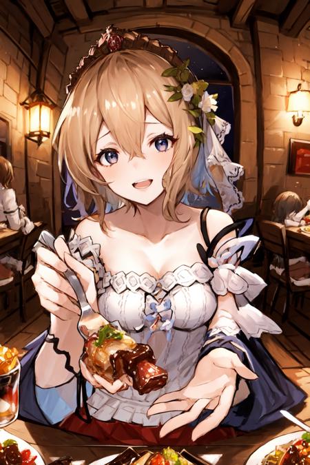 <lora:incoming-food:1>,1girl,incoming food,gbf-europa,holding fork,  off shoulder,   open mouth,    dinner, table,  at home,dinning room,   <lora:gbf-europaV2-000007:0.8>