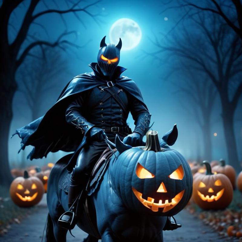 A man riding a blue horse with a pumpkin head and surrounded by pumpkins.