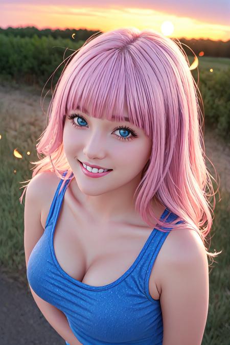 long hair, pink hair, blue eyes, sunset, light particles, fireflies, volumetric lighting, tank top, large breasts, smile, sparkling eyes, blunt bangs looking at viewer, cowboy shot, from above