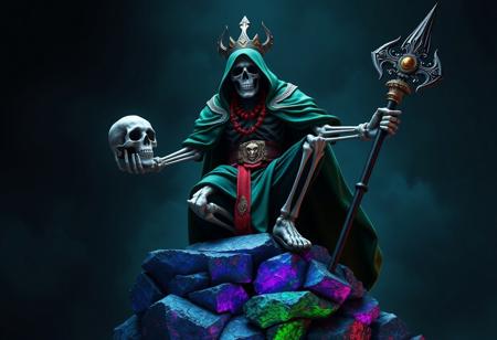 epic details A dominant Skeleton Lich King, green robe, gold belt, red necklace, commands attention. Gripping staff (right), holding skull (left). Perched on vibrant stacked rocks: blue, green, purple. Dark ominous background. Cinematic dark fantasy. Matte painting, splash ink, octane render, unreal engine 5, Houdini style, Raphael. Dramatic, captivating lighting, intricate details. 4K, high-res, trending on Artstation, CGSociety. Impeccable composition, vivid colors.