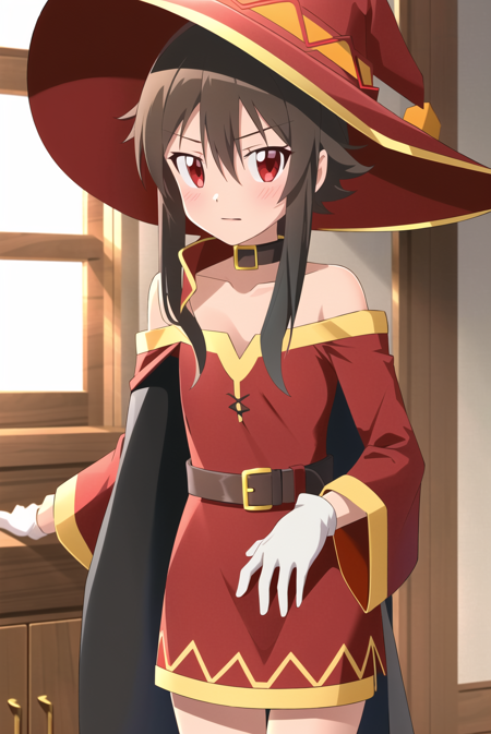 digimon, megumin, 1girl, bare shoulders, black hair, black cape, black gloves, blush, cape, choker, collarbone, dress, hair between eyes, hat, long sleeves, looking at viewer, medium hair, off-shoulder dress, off shoulder, red dress, red eyes, sidelocks, solo, witch hat, indoors,   ((masterpiece)) <lora:digimon_offset:1>