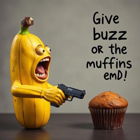 Hyper realistic banana pointing a gun to a muffin while screaming ‘give buzz or the muffins end', focun ons frase and hyper realistic style with living banana and muffin.