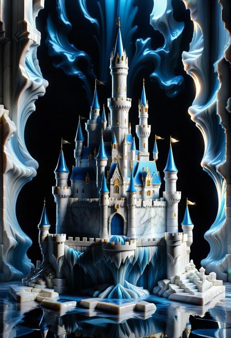 Ultrarealistic. sharp focus, dynamic lighting. play of light, Raytracing, Ultra detailed. (((Liquid Marble style))). A castle made of Liquid Marble.