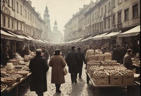 analog film photo communism, <lora:Vintage_Street_Photo:0.6>,  sepia-toned image of a crowded marketplace, 1970s Eastern Europe, vendors selling local goods, vibrant street life, historical buildings backdrop, nostalgic atmosphere . faded film, desaturated, 35mm photo, grainy, vignette, vintage, Kodachrome, Lomography, stained, highly detailed, found footage