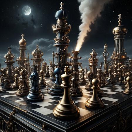 This steampunk digital artwork features a surreal and futuristic chess scene. The central focus is a colossal king chess piece, intricately designed with a metallic and mechanical texture, standing prominently on a black and white chequered landscape. Other chess pieces are scattered across the board, appearing smaller in comparison to the central king. In the background, tall fantastic mechanical structures, dot the horizon. A giant ringed planet casts its light giving a colour scheme dominated by shades of blue and black, creating a cosmic and otherworldly atmosphere. The image combines steampunk with elements of science fiction and fantasy, with a focus on the grandeur and scale of the central chess piece against the vastness of space.