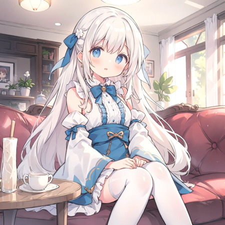 (one girl solo) the background is (indoors living room), the girl wearing (frill cosplay, detached sleeves wide sleeves, bare shoulders),