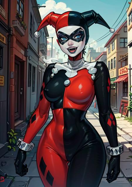 (HarleyWaifu:1), (blue eyes, mask, domino mask, hat, bodysuit, jester cap, makeup, facepaint, gloves), (makeup), curvy, looking at viewer, evil smile, :D, breast focus, leaning forward,
(detailed landscape, city, dirt alley, smoke:1.2), (background:1), (dynamic_angle:1.2), (dynamic_pose:1.2), (rule of third_composition:1.3), (dynamic_perspective:1.2), (dynamic_Line_of_action:1.2), solo, wide shot,
(masterpiece:1.2), (best quality, highest quality), (ultra detailed), (8k, 4k, intricate), (full-body-shot:1), (Cowboy-shot:1.2), (50mm), (highly detailed:1.2),(detailed face:1.2), detailed_eyes,(gradients),(ambient light:1.3),(cinematic composition:1.3),(HDR:1),Accent Lighting,extremely detailed,original, highres,(perfect_anatomy:1.2),
 <lora:HarleyQueenOld_character-10:1>