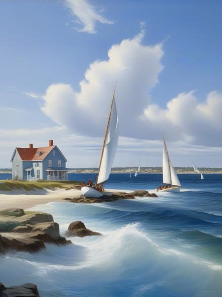 <lora:03realismPainting_Hap_XL:2.5>, realism American art painting oil painting,masterpiece,highly detailed, UHD,8k, sailboats, ocean, house by the sea, blue sky, clouds, white sails, wind, maritime, summer, leisure, coastal living, waves, seaside, sunny, nautical, tranquility,