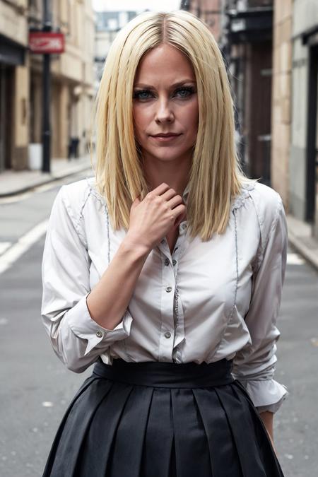 a photo of blonde avrlvgne,wearing a (long) blouse and pleated skirt,attractive posing in the empty victorian streets,perfect eyes,(realistic skin texture with skin pores),(nice hands,perfect hands),(tanlines:1.3) <lora:tangbohu-detailer_1.0:1> <lyco:GoodHands-beta2:1.3> <lora:BlackStilettos:0.3><lyco:Avril_Lavigne_Blackstar:0.7>