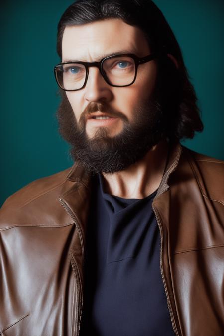 analog style, modelshoot style, portrait of sks man with beard and glasses and leather jacket by Flora Borsi, style by Flora Borsi, bold, bright colours, dark hair, ((Flora Borsi)) <lora:cortazar:1>