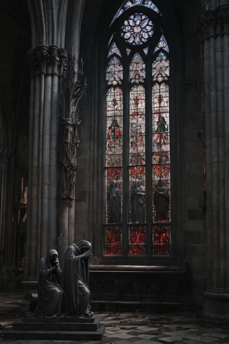A haunting, gothic cathedral, where the stained glass windows seem to depict a twisted, apocalyptic narrative, as the statues of saints appear to weep tears of blood, and the very walls seem to writhe and twist, as if the stone itself is alive and in agony. 8K