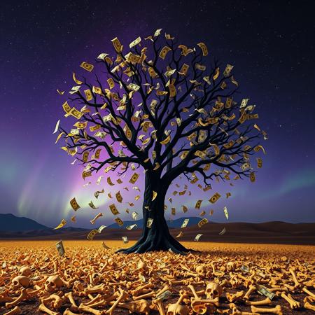 A black tree with leaves made of paper money. The paper leaves fall to the ground below, amidst a golden desert of bones. The purple-black sky is starless, but filled with the northern lights. The image of the tree looks sacred, but the surroundings look terrifying. The image makes the tree look beautiful, but its fallen state looks terrifying, showing the contradictions and traps of temptation.