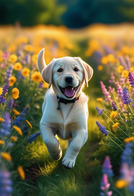 A playful Labrador puppy running through a field of wildflowers, impressionist painting, golden hour light, joyful, carefree. hyperdetailed intricately detailed 8K resolution beautiful complex detailed elaborate hyperdetailed magnificent meticulous photorealistic 8k resolution beautiful detailed painting digital illustration DSLR hyperrealism photoillustration amateur bad anatomy blurred blurry body out of frame border cut off deformed disfigured draft extra limbs frame grainy out of frame poorly drawn face poorly drawn feet poorly drawn hands signature tiling ugly watermark