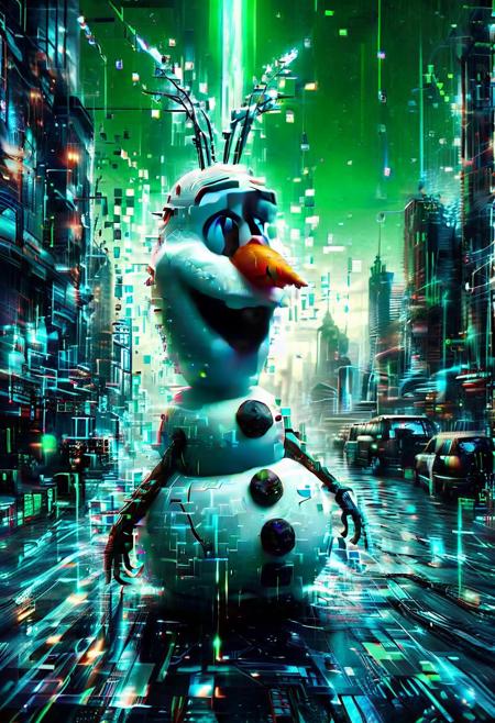 Olaf, snowman, futuristic sunglasses, braid, glowing green Matrix code powers, powers swirls from hands, futuristic background, code raining from the sky, buildings flicker with data, Olaf friendly, glitchy hologram, pixelated carrot nose., Cinematic lighting, dramatic pose, cyberpunk atmosphere.
score_9, score_8_up, score_8_up, masterpiece,super detailed face, super high resolution, FaceDetail, masterpiece-level, highly detailed, intricate details, detailed background, complex background, cinematic, intricately detailed illustration, depth of field, masterpiece, best quality, amazing quality, very aesthetic, absurdres, newest, very awa, shadow,