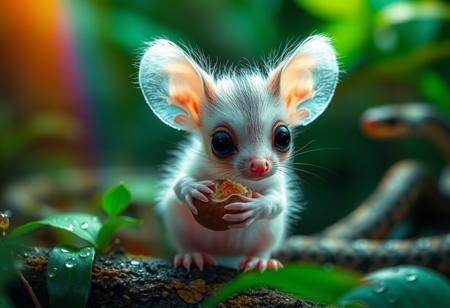furry little translucent mammal in a rain forest zoomed in, rainbow of light reflection off dew, green and vivid colors, wild fog, large eyes, transparent body, invisible like a jelly fish, huge ears, very cute, incredibly adorable, eating a nut, fungal hair, see through, wings, amazing atmosphere, snake in background, mystical realm, floating orbs of light