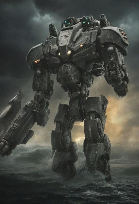 Pacific Rim Deathwing, Giant Mecha, Streamlined design, in the eye of a deep sea storm, dark atmosphere, Humanoid bionic technology, very realistic photography, mecha, robot, Overwatch,
