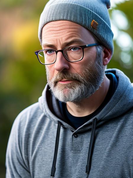 photo of (LuckyHank:0.99), a bearded man wearing glasses, wearing a grey beanie, with a black t-shirt, with a grey hoodie,  detailed face, realistic skin, high quality, (brown eyes:1.1), Leica 50mm, f1. 4, natural light, grainy, (high detailed skin:1.2)