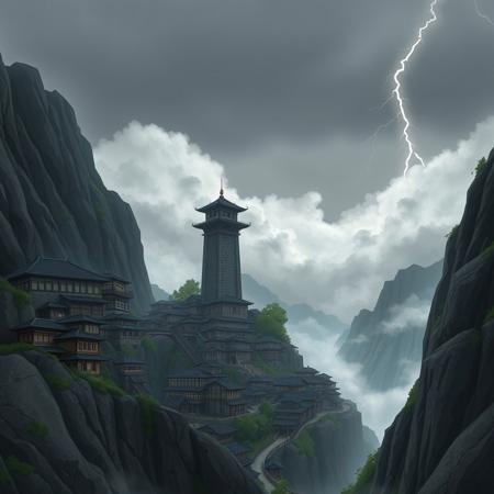A liminal space in Kumogakure, the Hidden Cloud Village, exactly as seen in Naruto. Towering mountains surround the village, their peaks disappearing into a thick layer of clouds. The traditional yet imposing buildings, constructed from stone and reinforced wood, cling to the cliffsides, connected by narrow bridges and winding paths. The Raikage’s tower, a massive structure of dark stone, stands at the village’s center, overlooking the empty streets below.
The village is completely deserted—no shinobi, no movement, only the distant sound of the wind howling through the mountain passes. The sky is a deep gray, filled with heavy clouds that seem to press down on the landscape. Occasionally, a faint crackle of lightning illuminates the misty peaks, casting brief shadows over the quiet village. The usual energy of Kumo is gone, replaced by a profound sense of stillness. The village feels suspended in time, as if the world has momentarily paused, leaving only the towering cliffs and endless sky.