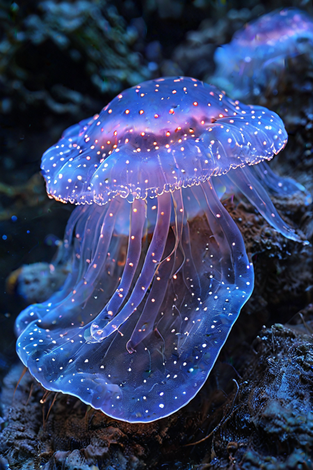 jellyfish close-up, zen garden, pond, bioluminescence,  aura, magical, cinematic photography  <lora:Glowing_Nature:0.8>