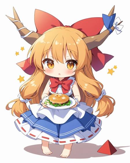 ibuki suika,1girl, solo, hair_bow, horn_ribbon, chibi, white_background, white_shirt, full_body, simple_background, blue_skirt, blush_stickers, wrist_cuffs, oni_horns, barefoot, standing, sleeveless_shirt, red_bowtie, torn_sleeves, horn_bow, eating, white_bow, stick
<lora:ibuki_suika_image9170_2023-12-11-000006:1>,star-shaped_pupils,symbol-shaped_pupils,. gorgeous,key visual, vibrant, studio anime,award-winning, professional, highly detailed,high budget, cinemascope