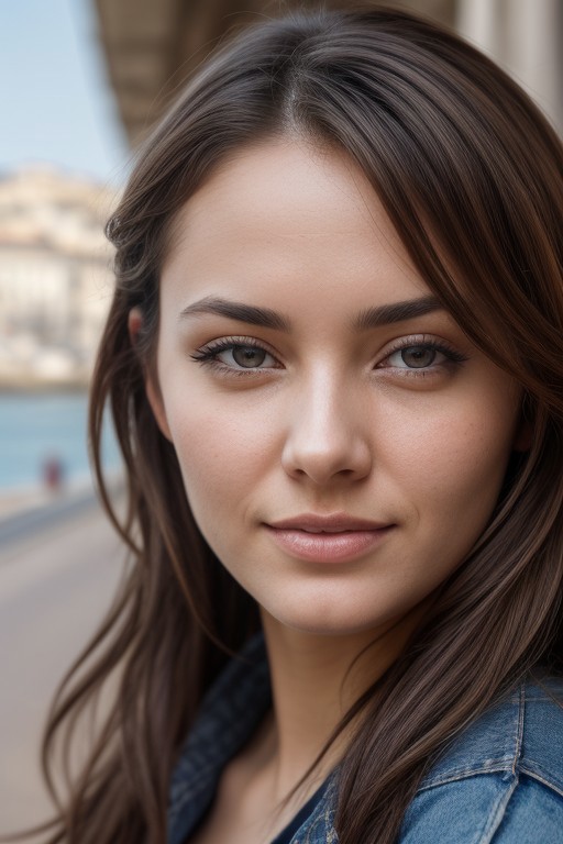 An impressive and intricate full color portrait, Ultra-HD, realistic, photorealistic, Hannah SpektreV2, skin pores, skin hairs, detailed skin texture, detailed face, detailed textures, epic character composition, beautiful eyes, beautiful, secret agent, femme fatale, smart casual, cool, calm, badass, looking at viewer, Mediterranean quayside, chic cafe, summertime, warm, masterpiece, best quality, 8k, RAW photo, beautiful, aesthetic, dramatic lighting, detailed textures, 4k uhd, dslr, soft lighting, high quality, Fujifilm XT3