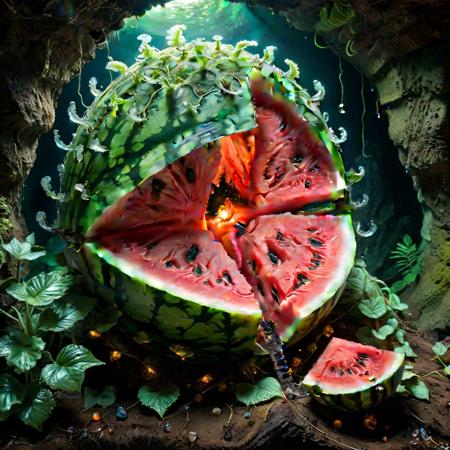 <lora:xl_more_art-full-xl:0.6>, <lora:add-detail-xl:2.0>, famous artwork (by tyler jacobson:1.2), detailed expressive eyes, fantasy style, deep in the crystalline caverns of planet zofflebob v roams a group of four  plant-based life form, the slimy watermelon like oozefruit, shown here as they are emerging from their tunnel lair in the vibrant, gemstone-studded walls of the underground crumbletide, these creatures are covered in crystalline orbshnodder arranged in wondrous hoph fibration bundle patterns, reflecting the iridescent glow of the bioluminescent fungi around it, one should watch out for their dangerous zighty tail, ultra high detail, ultra realistic, 8k