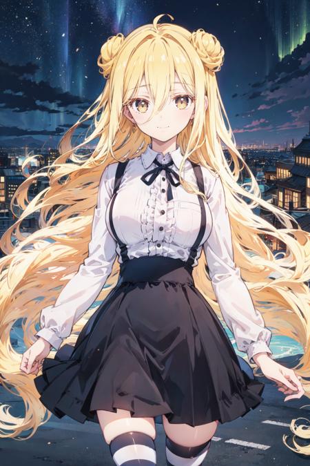 mmukuro,<lora:mmukurov8:0.8> ,blonde hair, double bun, very long hair, long bangs, hair between eyes