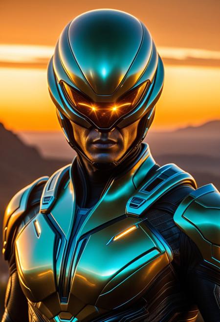 32k photo-realistic, high definition, hyper-realistic full-frame photo of a Non-Human Special Forces Super Model in a Sci-fi genre, depicting a Medium close-up shot of a hyper-realistic brave alien superhero, intricate head Alien futuristic design, wearing iridescent armor that shimmers under a twin sunset. The superhero's expression is fierce, showcasing sharp features and glowing markings on their skin. The background features a sprawling alien city with towering crystalline structures and vibrant flora. The lighting is a blend of warm golden hour and bioluminescent glows from the surroundings, emphasizing the details of the hero's costume and the rich textures of the alien environment.